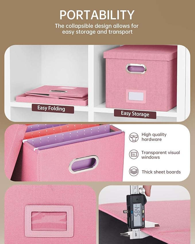 Oterri File Organizer, File Box, File Cabinet for Letter File Folder Storage, Portable Storage Bins with Lids for Office/Decor/Home, 1 Pack, New-pink-Box only