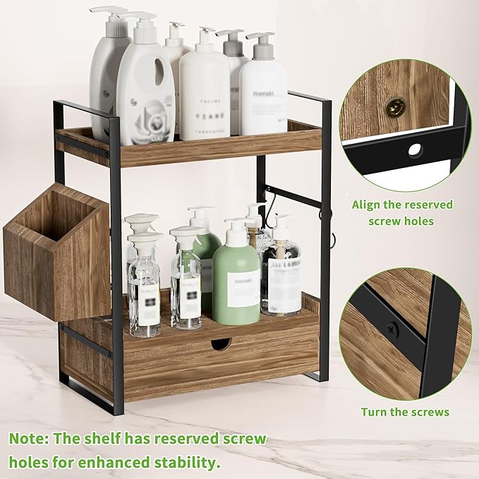 2-Tier Bathroom Counter Organizer with Drawer and Basket, Wood Countertop Organizer for Storage, Skincare Organizers for Vanity, Counter Shelf for Bathroom Organization(Dark Brown)
