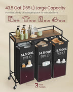 VASAGLE Laundry Sorter, 43.5 Gal. (165 L) Laundry Hamper Basket with 3 Compartments, Rolling Cart with Wheels, Shelf, Removable Bags, Pockets, Ink Black and Rustic Brown UBLH031B01