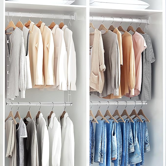 STORAGE MANIAC Hanging Closet Rod, Adjustable Width and Height Closet Hanging Organizer, Space-Saving Clothes Hanging Bar, Closet Extender Hanging Rod Double Closet Hanging Rod, 1 Pack Chrome