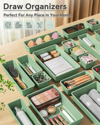 25 PCS Plastic Drawer Organizers Set, 4 Sizes Vanity Organizer, Makeup and Desk Drawer Organizer Trays, Organization and Storage for Makeup, Bathroom, Kitchen Utensils and Office (Green)
