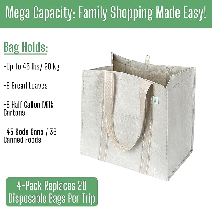 VENO 4 Pack Reusable Grocery Bags, Heavy-Duty Shopping Bags with Handles, Bags for Shopping Cart with Hard Bottom to Stand Upright, Foldable, Multi-Purpose, Sustainable (Beige, 4 Pack)
