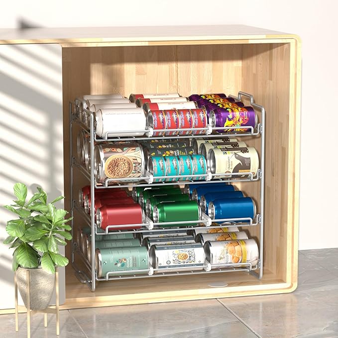 4 Tiers Stackable Can Rack Organizer, Wear-resistant Upgrade Beverage Food Can Dispenser Holder Holds up to 48 Cans for Kitchen Cabinet and Pantry (Silver)