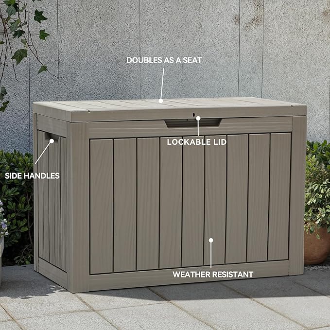 YITAHOME 45 Gallon Deck Box, Outdoor Storage Box for Patio Cushions, Outdoor Tools, Gardening Tools, Sports Equipment, and Throw Pillows, Lockable and Waterproof, Brown