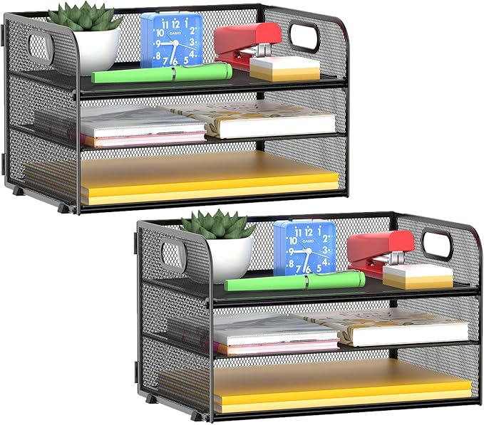 3-Tier Paper Letter Organizer Tray with Handle, Mesh Desk File Organizer for Office, Home, School - 2 Pack, Black