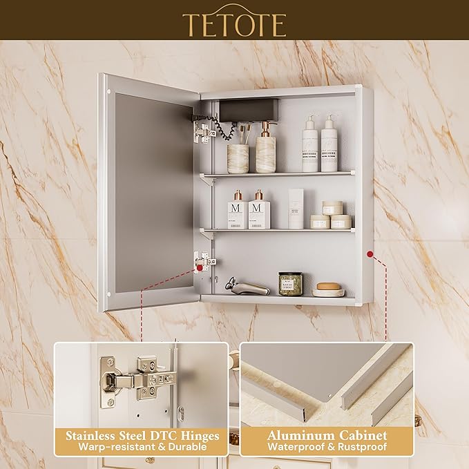 TETOTE 48 x 32 Lighted Bathroom Medicine Cabinet with Adjustable Shelves, Silver Aluminum Cabinet, Anti-Fog Stepless Dimmable 3 Colors White/Warm/Natural, Easy to Install(Wall Mount/Recessed)
