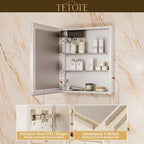 TETOTE 16 x 24 Lighted Bathroom Medicine Cabinet with Adjustable Shelves, Silver Aluminum Cabinet, Anti-Fog Stepless Dimmable 3 Colors White/Warm/Natural, Easy to Install(Wall Mount/Recessed)