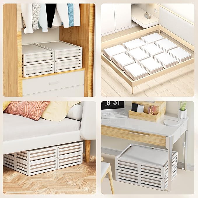 Wisuce Bamboo Under Bed Storage Containers- Underbed Organizer with Wheels with Large Dust Bag,Sturdy Wood Rolling Under the Bed Shoe Storage Organizer Drawer 2 Packs (White, Small)