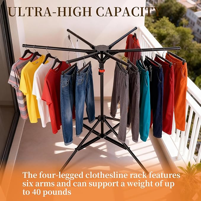 4-Leg Clothes Drying Rack with 6 Adjustable Poles,Standing Dryer,20 Windproof Hooks and 2 Sock Clips,No-Installation Drying Stand,Clothes Rack Foldable Space-Saving, Indoor and Outdoor Use Black