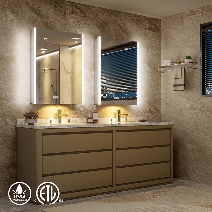 24x32 LED Bathroom Medicine Cabinet Mirror with Smart Night Lamp, Surface or Recessed Fogless Lighted Medicine Cabinet Mirror with Outlet &Clock,Built-in Sensor Light& Soft-Close Right-Hinge