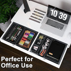 QUELIEN Desk Drawer Organizer Tray Set, 8PCS Plastic Drawer Organizer Bins for Office, Makeup, Kitchen - Gray Blue Desk Organizer with Flexible Interlocking Design for Efficient (Gray Blue, 8PCS)