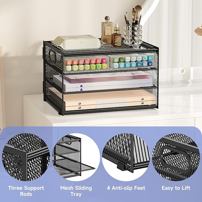 Subekyu Paper Letter Tray Organizer for Desk, Black Metal Mesh Desk File Sorter Organizer with Handle and 2 Sliding Trays for Home Office School Supplies Organization