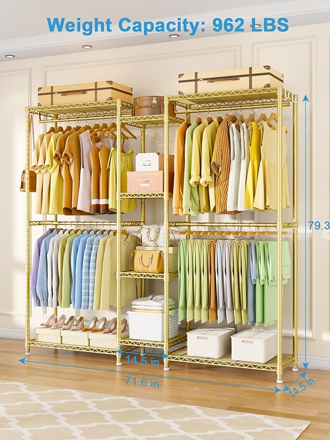 Ulif E4 Clothes Rack, Heavy-Duty Garment Rack, Metal Freestanding Clothing Organization Storage System Can Be L-Shaped with Shelves and Hangers, Max Load 962lbs, 71.6" W x 14.5" D x 79.3" H, Gold