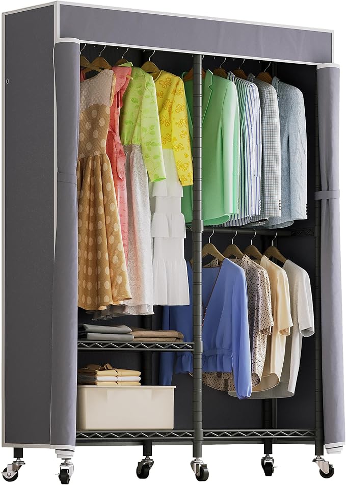 H9 Heavy Duty Rolling Clothes Rack with Cover, Covered Garment Rack with Wheels and Shelves, Wardrobe Closet, Portable Closet for Hanging Clothes, Black Clothing Rack with Grey Cover
