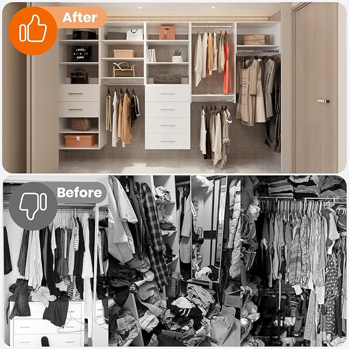 ROOMTEC Modular Closet System, 102" Wall-Mounted Closet Organizer with Hanging Rods, Modern Wooden Tower for Walk-In Closets, Wardrobe Storage Kit, White