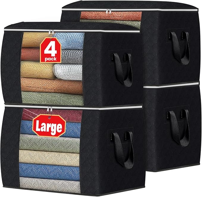 Fab totes 24 Gallons Clothes Storage, Foldable Thick Fabric Blanket Storage Bags, Containers for Organizing Bedroom, Closet, Clothing, Comforter, Organization with Handle (4 Pack,Black)