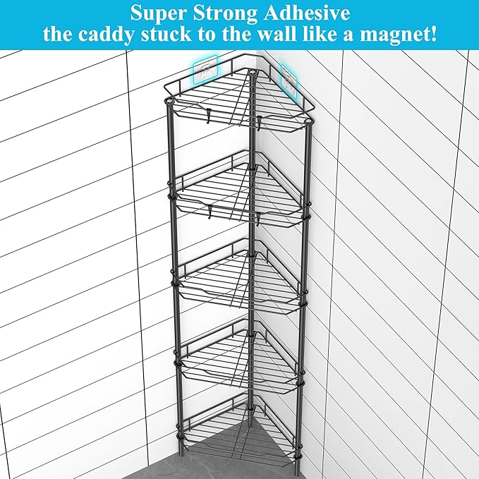 5 Tier Floor Standing Corner Shower Caddy Organizer Shelf with Hooks, Bathroom Shelves Stand Rack, Black