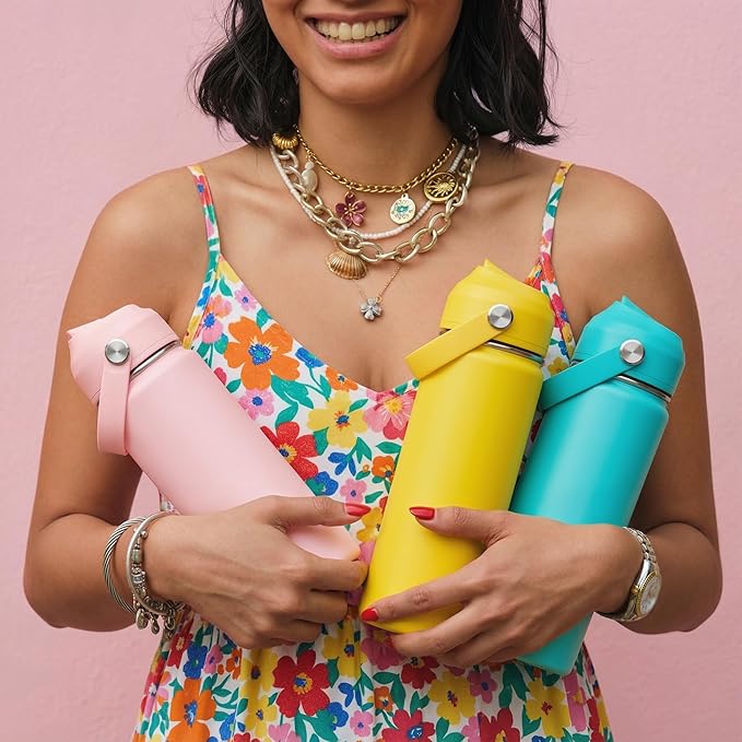24oz Insulated Stainless Steel Water Bottle, Wide Mouth Double Wall Vacuum, Silicone Straw, Sweat & Leak Proof, BPA Free Insulated Water Flask for Travel, Keep Cold 24h Hot 12h, Yellow