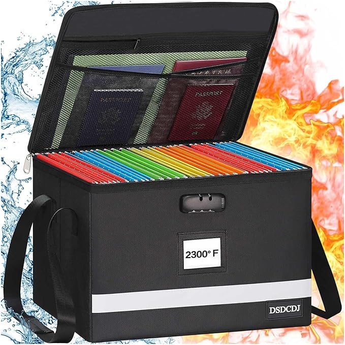 Fireproof File Box with Lock, Upgraded Fireproof Document Box with Reflective Strip, Portable File Organizer Filing Cabinet with Handle for Hanging Letter/Legal Folder, 15.5" x 12.3" x 10.5"