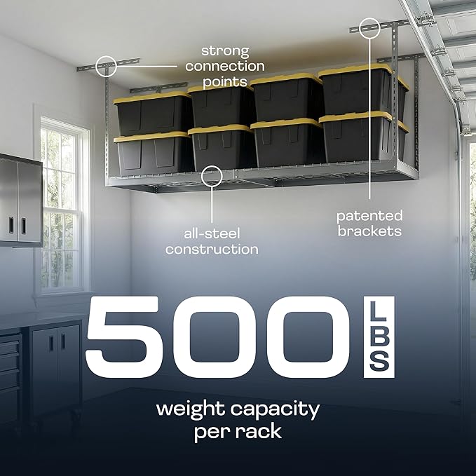 SafeRacks 3x8 Overhead Garage Storage Rack - 500 Pound Weight Capacity Height Adjustable Steel Ceiling-Mounted Rack with Accessories (Hammertone) (24"-45")