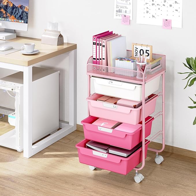 Rolling Cart with 4 Drawers,4 Tiers Rolling Utility Cart Craft Cart,Rolling Storage Drawer Cart with Mesh Top,Storage Cart with Drawers & 4 PCS DIY Lable, Rose Pink