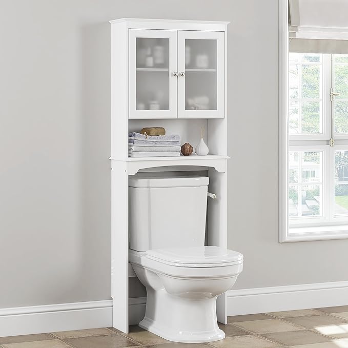 Spirich Over The Toilet Storage Cabinet, Above Toilet Storage Shelf with Glass Doors, Behind Toilet Bathroom Organizer, White