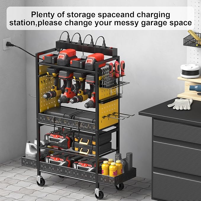 CCCEI Garage Power Tools Organizer Cart with Charging Station, Black Floor Standing Rolling Drill and Tools Battery Storage Cart on Wheels. Yellow Utility Rack Gift for Men, Husband, Father.