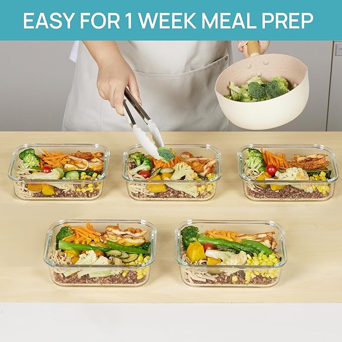 Vtopmart 5 Pack 35oz Glass Food Storage Containers with Lids, Meal Prep Containers, Airtight Reusable Lunch Container Set, Safe for Oven, Microwave, Freezer, and Dishwasher, Green