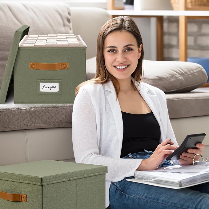 ZICOTO Decorative File Organizer Box Set of 2 - Collapsible Linen Filing Cabinets w/Handles Are Perfect to Store all Your Documents & Hanging File Folders - Portable Easy Slide Crates with Lid