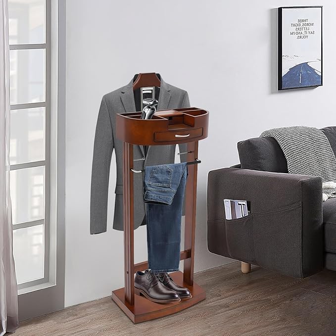Suit Valet Stands, Wood Suit Rack with Drawer & Trouser Holder, Freestanding Clothing Valet Stand, Brown Suit Valet for Clothes, Hats, Bags