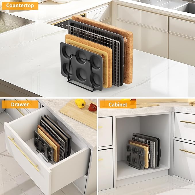 Cutting Board Organizer Kitchen Organizer Rack for Cutting Board, Bakeware, and Cookie Sheet, 5-Slot Heavy-Duty Steel Cookware Holder,Rust-Resistant with Anti-Slip Feet (2, Large)