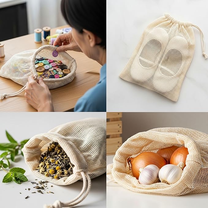 LITO LINEN AND TOWEL Organic Cotton Mesh Produce Bags – Mixed Size Reusable Grocery Bags (12 Pack) | Washable, Lightweight & Breathable Storage for Fruits, Vegetables, Bulk Foods & Zero Waste Living
