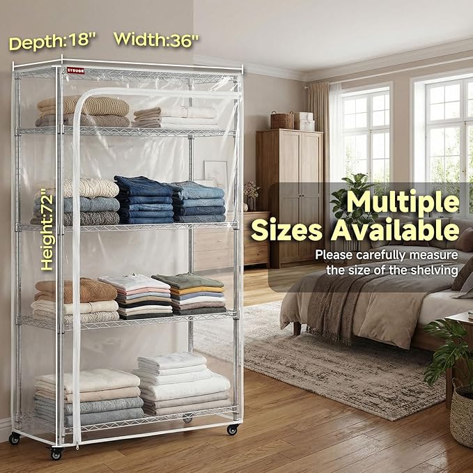 Clear PVC Wire Rack Cover, 36" W x 18" D x 72" H, 3-Way Opening with Two-Way Zippers, Waterproof Clear Shelf Cover for Garage & Closet