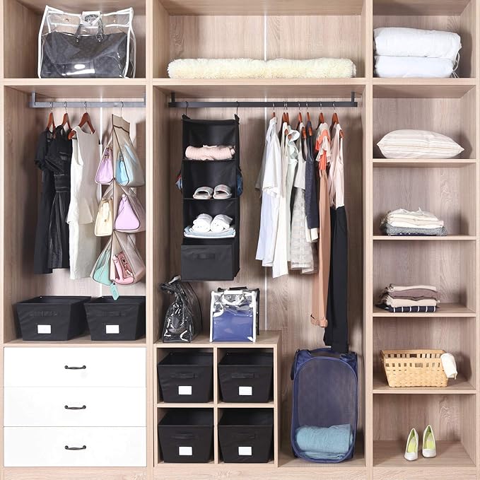 MAX Houser 4-Shelf Hanging Closet Organizer, Space Saver, Cloth Hanging Shelves with 2 Side Pockets, Foldable (Black)