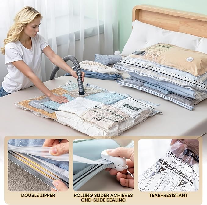 TAILI 6 Pack Vacuum Storage Bags, LONG SIDE ZIP (39x28 inch), Vacuum Seal Bags for Clothing, Jumbo Storage Space Saver for Beddings, Comforters, Blanket, Pillows and Clothes