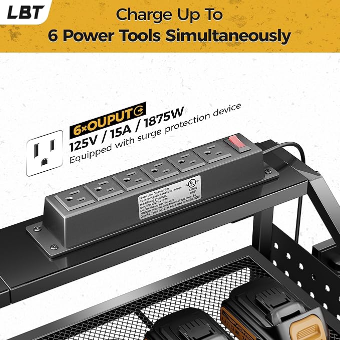 LBT 4 Layer Power Tool Organizer Wall Mount With Charging Station, Patented, 6 Outlet Power Strip, 6 Drill Holder, Heavy Duty Metal Garage Tool Storage Rack, Gifts For Men Fathers Day