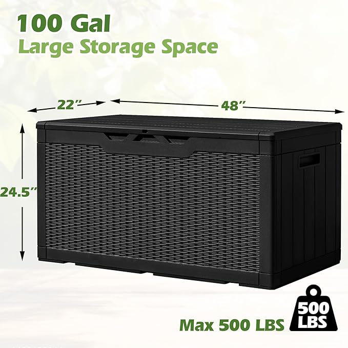 Greesum 100 Gallon Resin Deck Box Large Outdoor Storage, Imitation Rattan Weave Texture for Patio Furniture, Garden Tools, Pool Supplies, Weatherproof and UV Resistant, Lockable, Dark Black