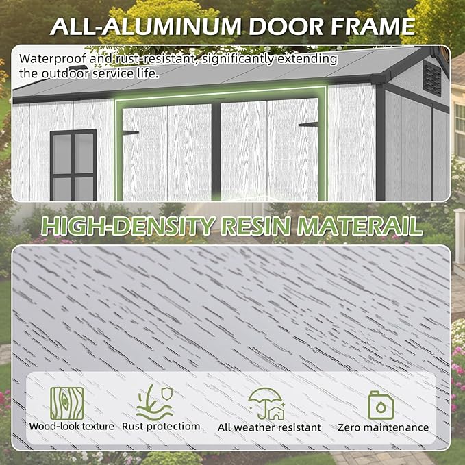 10 x 8 FT Resin Outdoor Storage Shed, All-Weather Plastic Garden Shed with Windows, Lockable Doors & Floor, Plastic Tool Shed for Poolside, Backyard, Patio