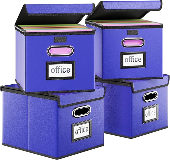 Huolewa Decorative Leather File Organizer Storage Boxes with Lids Set of 4, Document Boxes Organizer, Filing Boxes, Decorative Small File Boxes for Hanging Files, File Cabinet for Office/Home - 4 Pack