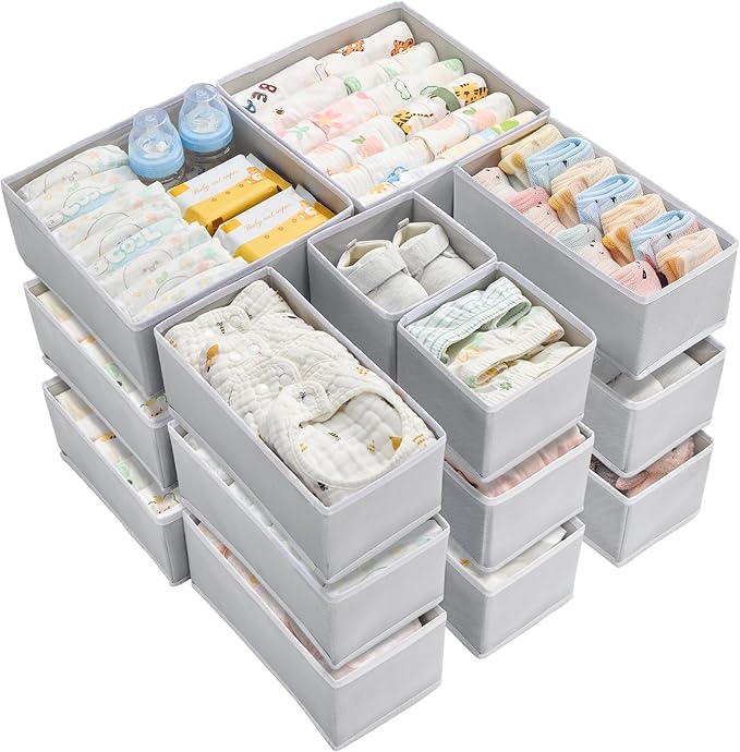 Vtopmart 18 Pack Baby Clothes Organizer, Dresser Drawer Organizer for Baby Clothing, Foldable Fabric Closet Drawer Storage Bins, Dresser Dividers for Bra, Socks, Ties, Scarf