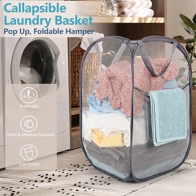 BATTOO Deluxe Strong Mesh Pop up Laundry Hamper Basket with Side Pocket for Laundry Room, Bathroom, Kids Room, College Dorm or Travel 3 x Grey