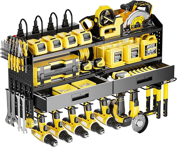 Power Tool Organizer Wall Mount with Charging Station, 4 Layers Storage Rack with 9 Drill Holders & Battery Storage, Cordless Tool Organizer with 2 Drawers for Garage, Workshop & Tool Room