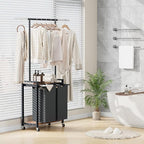 2-Section Rolling Laundry Sorter Cart with Hanging Rod & Utility Shelf, Large Capacity Lockable Wheels Laundry Hamper Basket Organizer for Laundry Room, Bathroom, Bedroom - Rustic Black