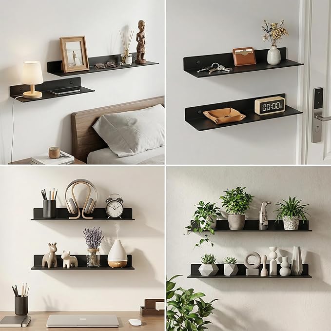Z metnal Floating Shelves, Bedroom Shelves, Display Metal Wall Shelf for Funko Pop Speaker Figure Collection, Floating Storage Wall Decor, Aluminum, Wall Mounted, Matt Black, 20 inch, 2 Pack
