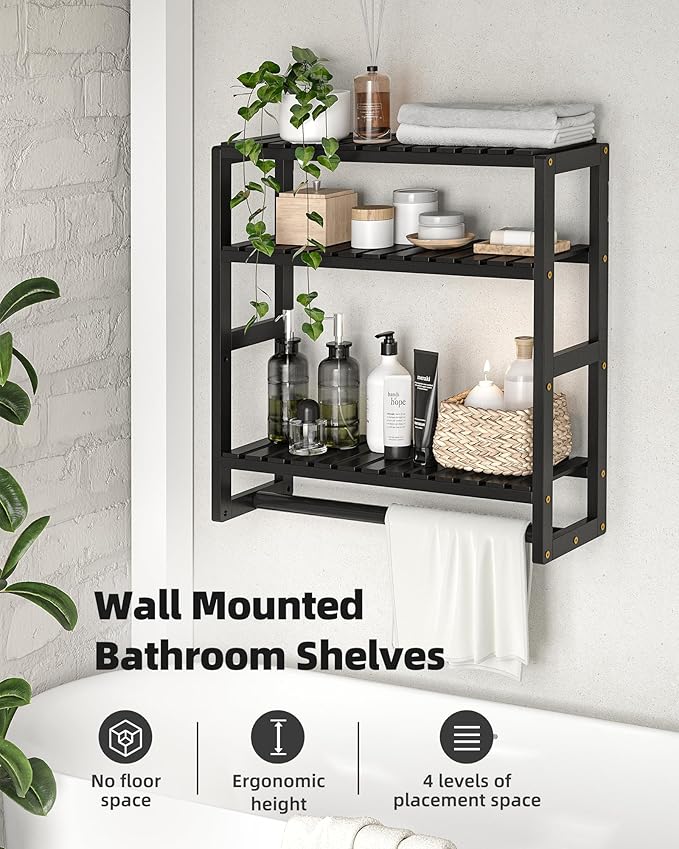 Over The Toilet Storage Bathroom Shelves Wall Mounted 3 Tier Space Saver Corner Shelf Organizer Bamboo Towel Rack Toilet Paper Cabinet with Hanging Rod Black