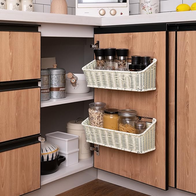 GRANNY SAYS Wicker Hanging Basket, 2 Pack Storage Baskets for Organizing, Adhesive Wall Mount Fruit Basket, Kitchen Organization Hanging Shelves, Storage Cabinet Door Organizer, Off White