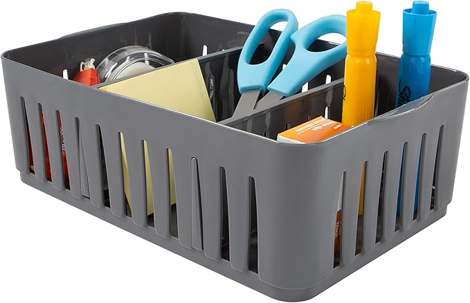Simplify 3 Compartment Stackable Bin with Adjustable Dividers | Drawer Organizer | Storage Basket | Good for Office | Desk Supplies | Dorm | Bathroom | Accessories | Make Up | Grey