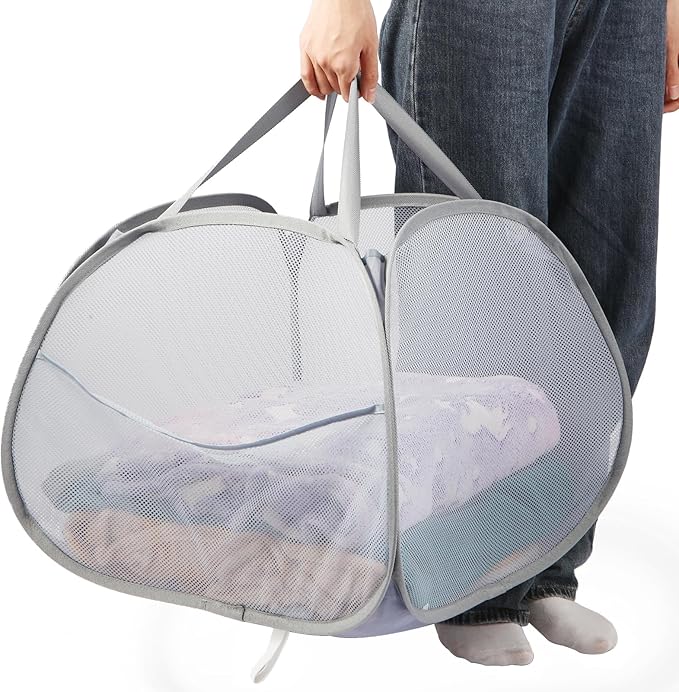 Collapsible Laundry Baskets, 90L Large Foldable Laundry Basket, Durable Mesh Pop Up Hampers for Laundry, Dirty Clothes Laundry Hamper for Bedroom, Bathroom, Dorm, Laundry Room, Travel or Camping Grey