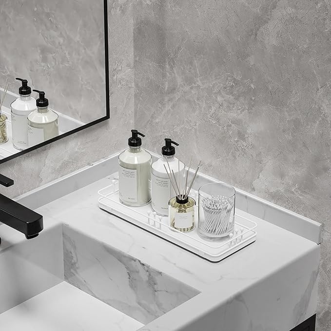 Bathroom Vanity Tray for Countertop Toiletries Perfume Makeup Soap Dispenser Toilet Tank, Kitchen Tray for Salt Spice, Decor Tray for Candle Nightstand Coffee 11.3”x 4.4” White