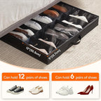 Lifewit Under Bed Shoe Storage Organizer 2 Pack(12 Pairs+4 Pairs), 4.3" Tall Fabric Shoes Container Box, Foldable Closet Shoe Bag with 2 Reinforced Handles and Clear Cover, Black